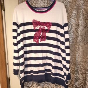 Kim Rogers White And Navy Blue Women's Striped Crewneck Sweater With Sequin Bow